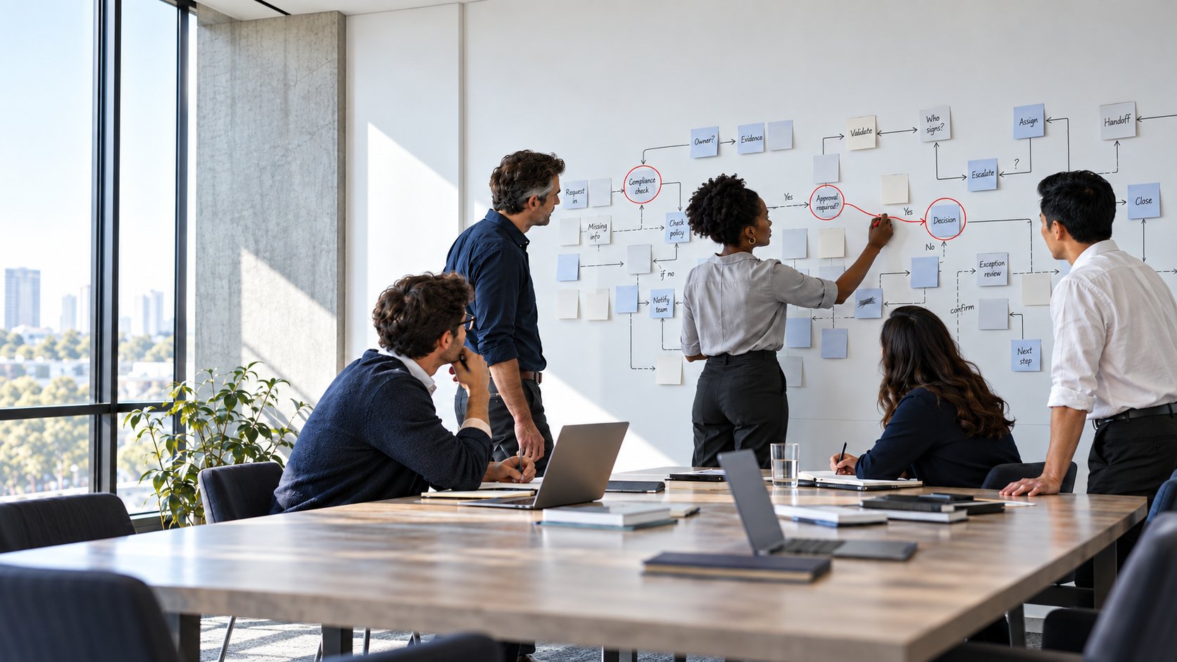 A team gathered around a wall-sized process map, one person drawing red lines between decision points